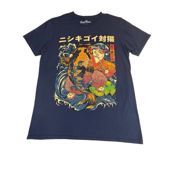 Threadless Navy Cat and Koi Asian Inspired Graphic Print Short Sleeve T Shirt - Picture 4 of 16